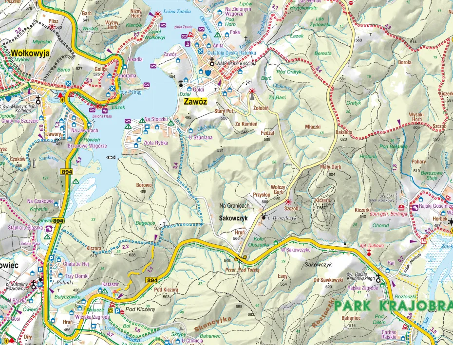 Mapa Jeziora Solińskiego z zaznaczonymi miejscowościami
