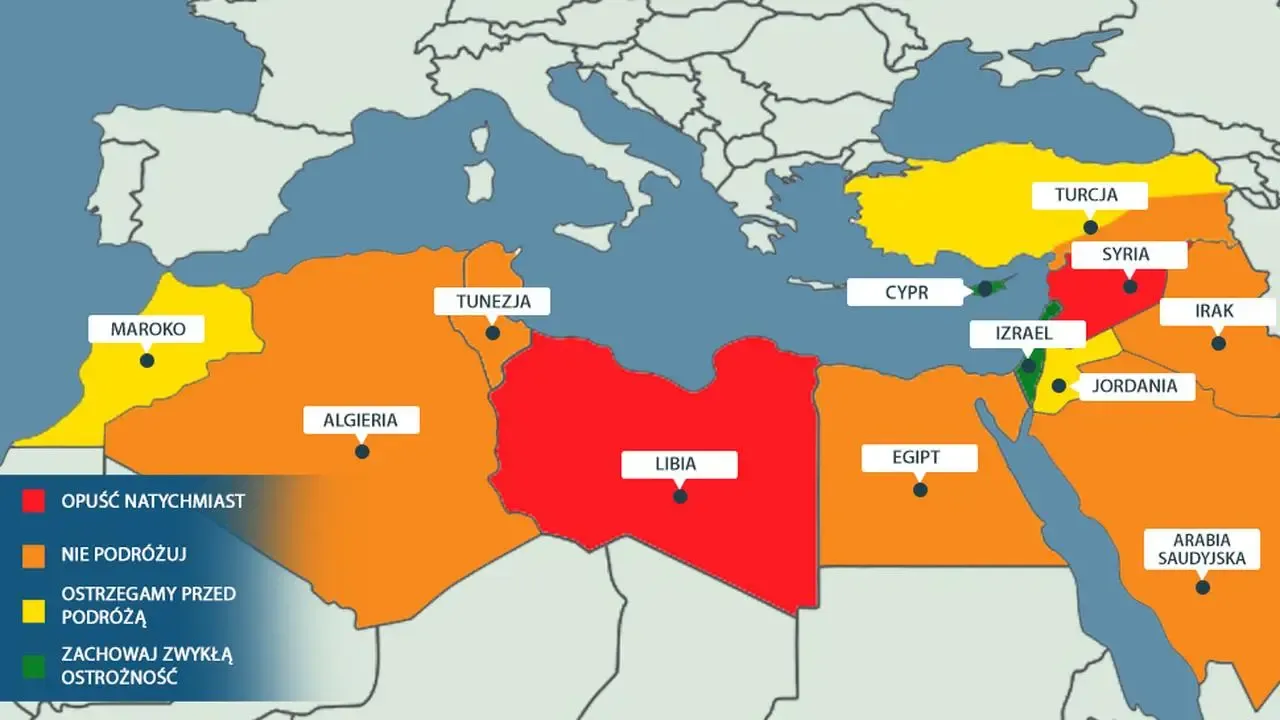 Mapa Tunezji z zaznaczonymi bezpiecznymi i ryzykownymi regionami