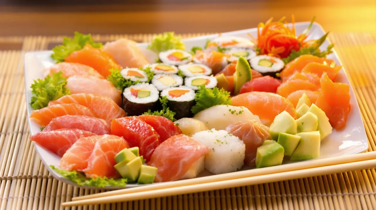 Talerz sushi z łososiem, tuńczykiem i awokado. Czy sushi jest ciężkostrawne? Zależy od składnik&oacute;w, ale świeże ryby i warzywa są lekkostrawne.