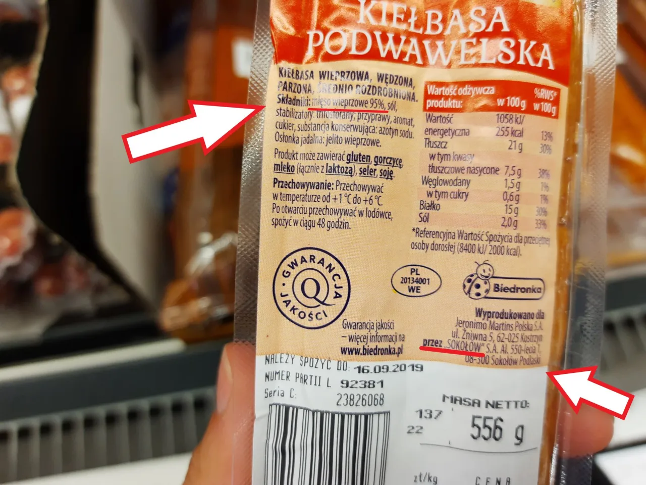 Kiełbasa Podwawelska Biedronka etykieta skład