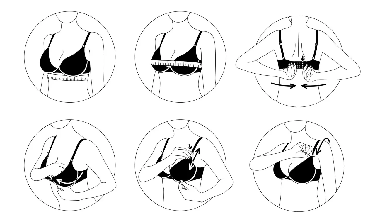 Kobieta mierząca biustonosz, uśmiechnięta, w dobrze dopasowanym biustonoszu