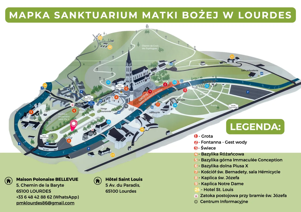 Mapa sanktuarium Matki Bożej w Lourdes, najpopularniejszego sanktuarium we Francji, z zaznaczonymi grotą, bazylikami i innymi ważnymi miejscami.