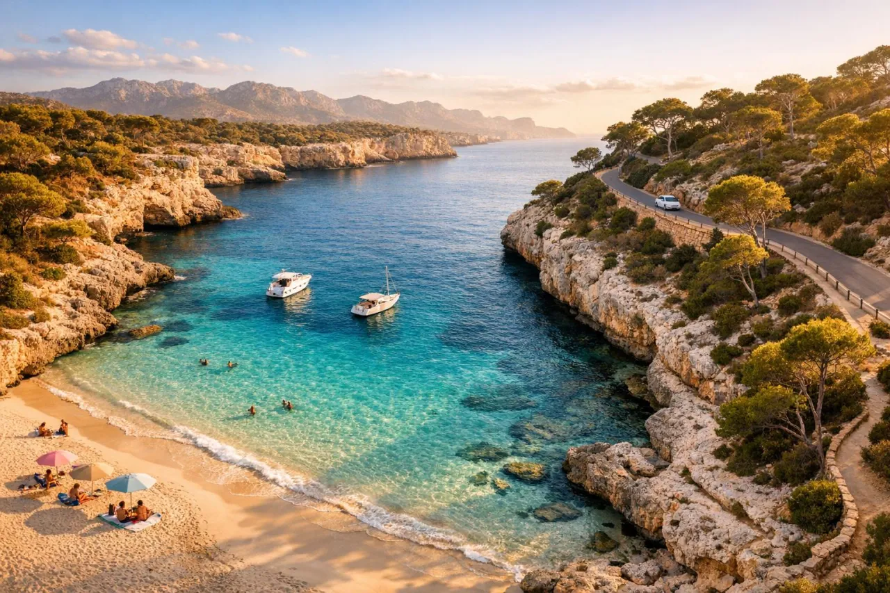 Zatoka z turkusową wodą, piaszczystą plażą i łodziami. Widok na klify i krętą drogę, idealne miejsce na Majorce.