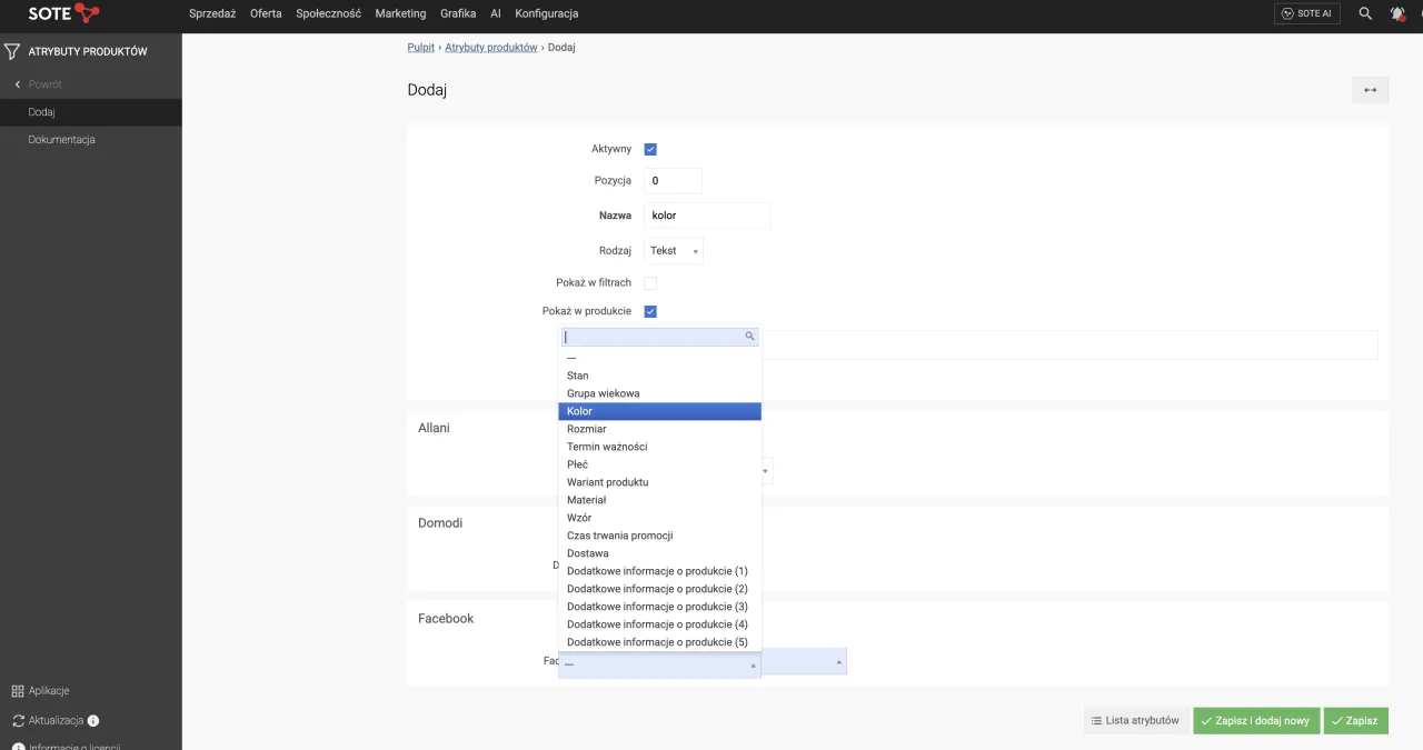 Facebook Sklep konfiguracja produkt&oacute;w