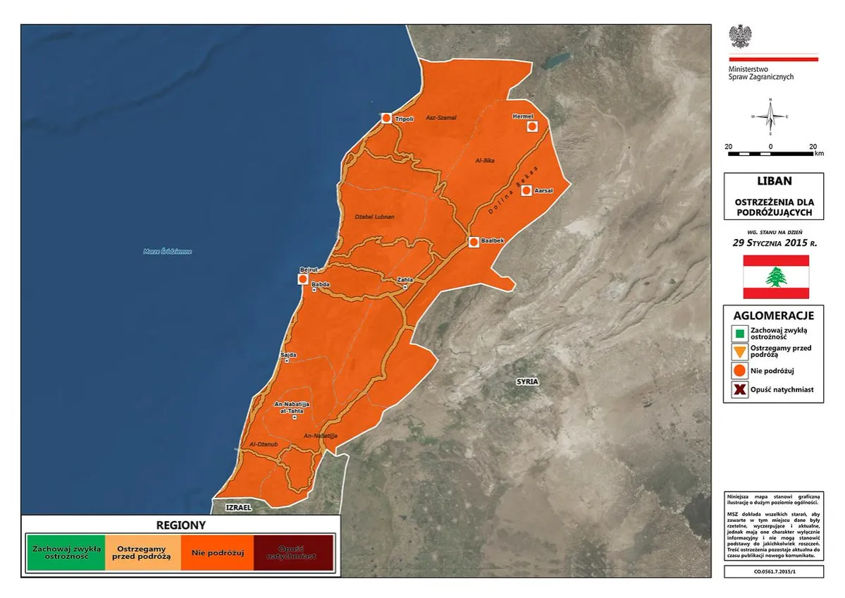 Mapa ostrzeżeń dla podr&oacute;żujących po Libanie. Większość region&oacute;w wymaga ostrożności lub odradza podr&oacute;ż.
