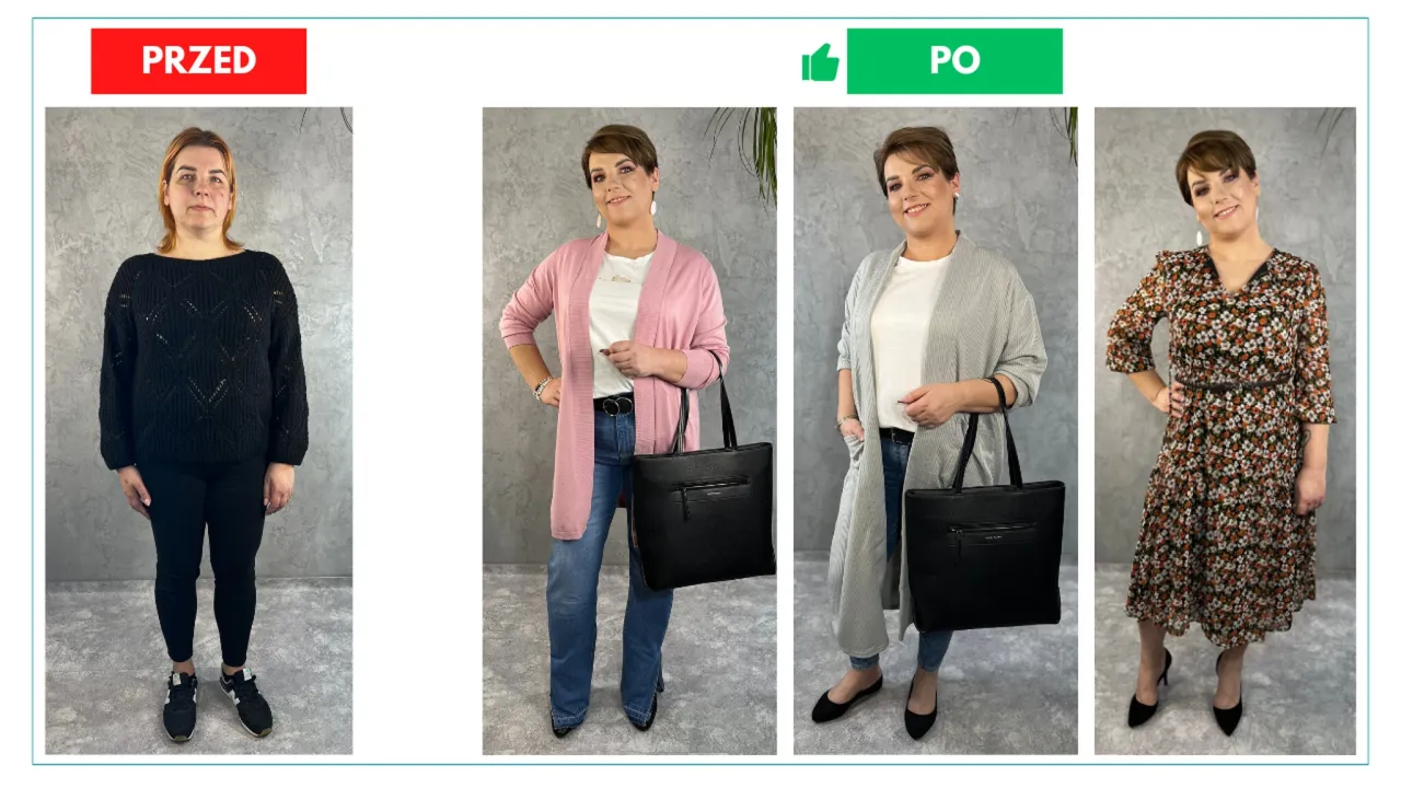 Zgaszone lato stylizacje: metamorfoza od czarnego swetra do kwiecistej sukienki i eleganckich kardiganów.