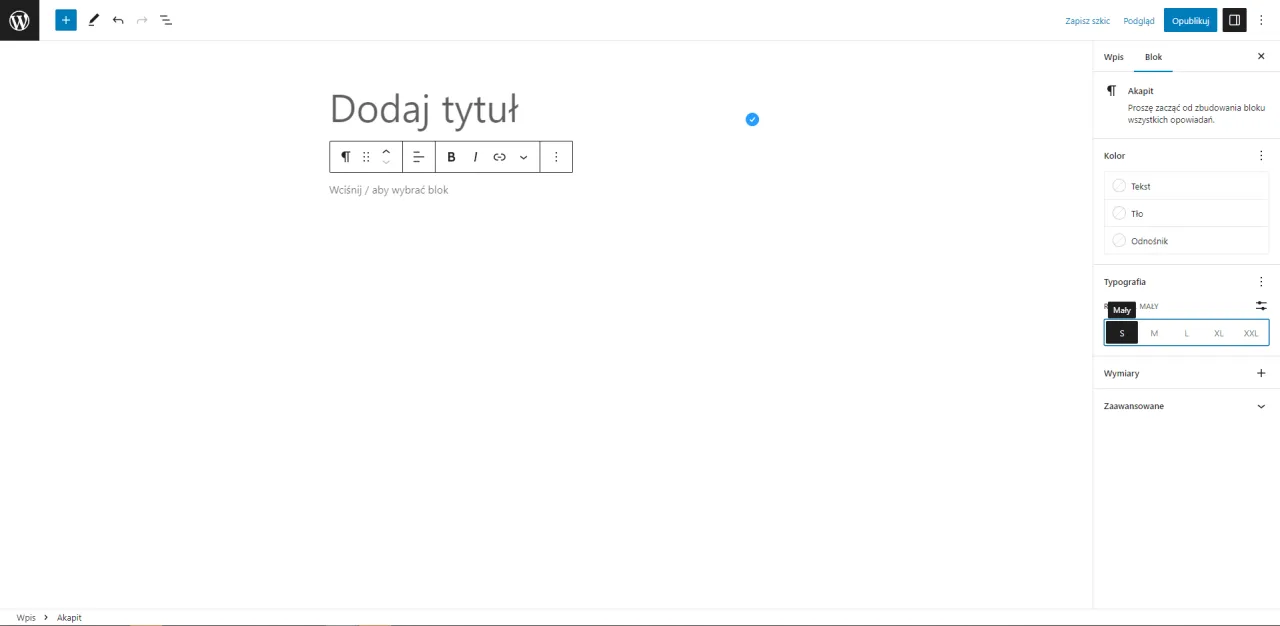 Edytor WordPressa. Widok panelu bocznego z opcjami bloku 