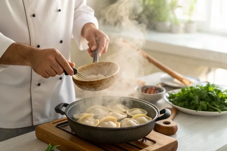 ludzie gotujący pierogi w dużym garnku