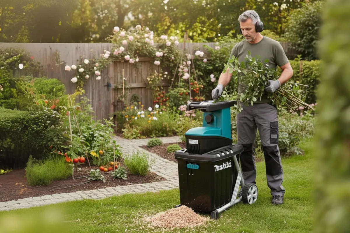 Mężczyzna w słuchawkach używa rozdrabniacza do gałęzi spalinowego w pięknym ogrodzie.