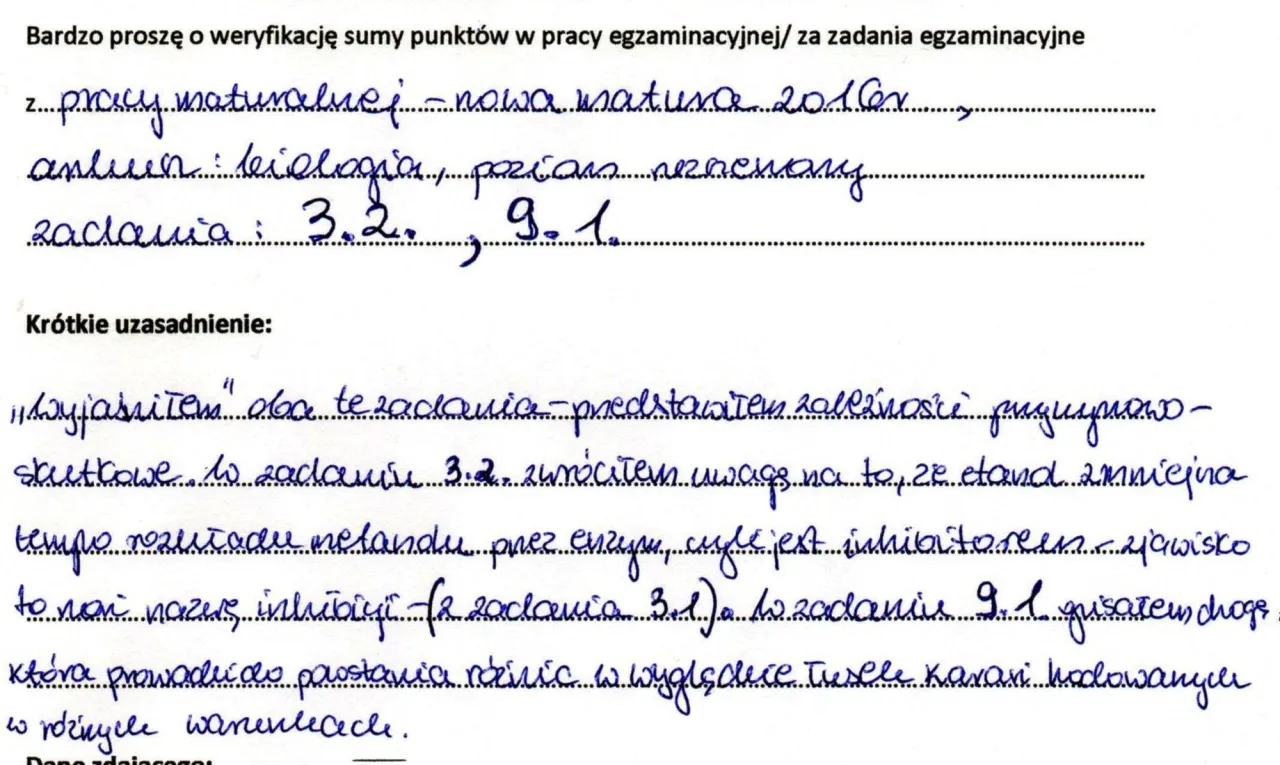 Odwołanie od matury: czy warto? Uczeń prosi o weryfikację punktów z biologii, zadania 3.2 i 9.1, argumentując, że wyjaśnił zależności fizykochemiczne.