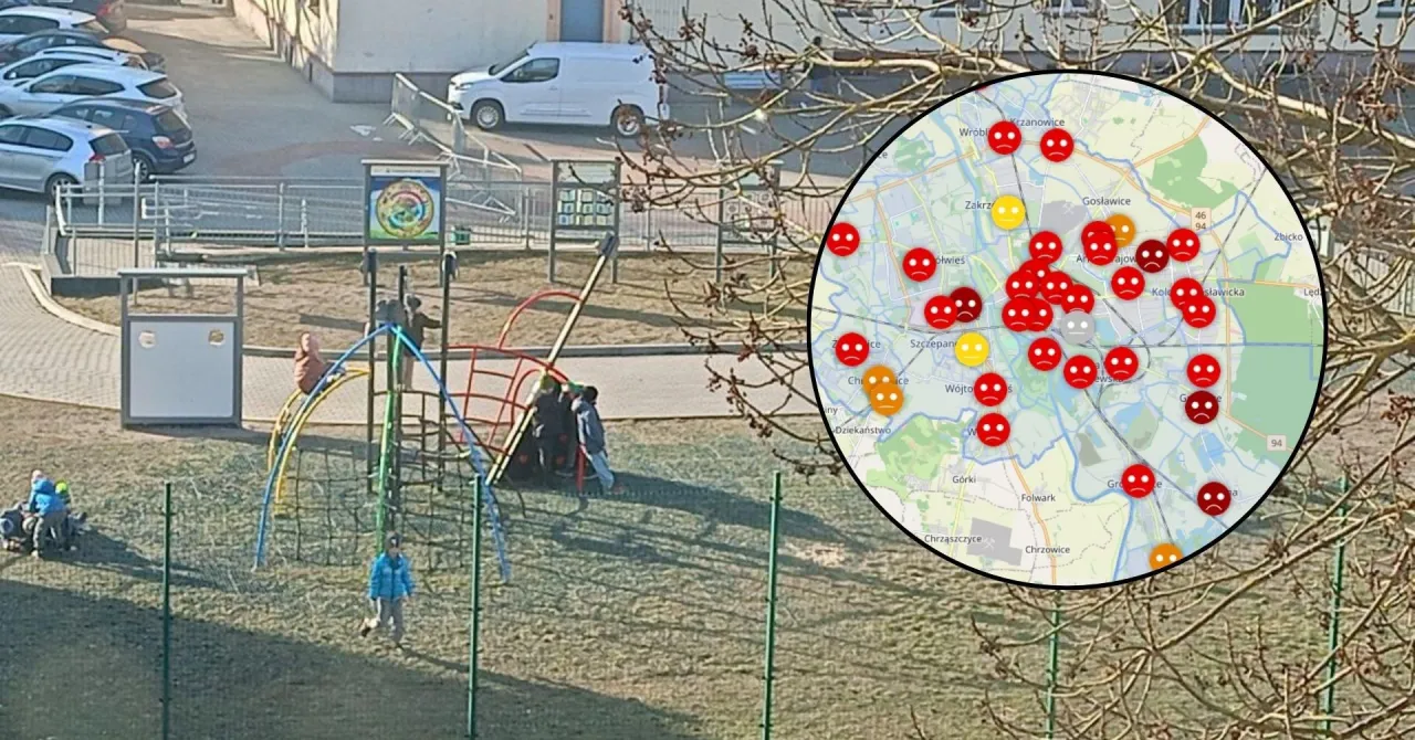 Dziecko bawiące się na placu zabaw z elementami zanieczyszczenia powietrza w tle
