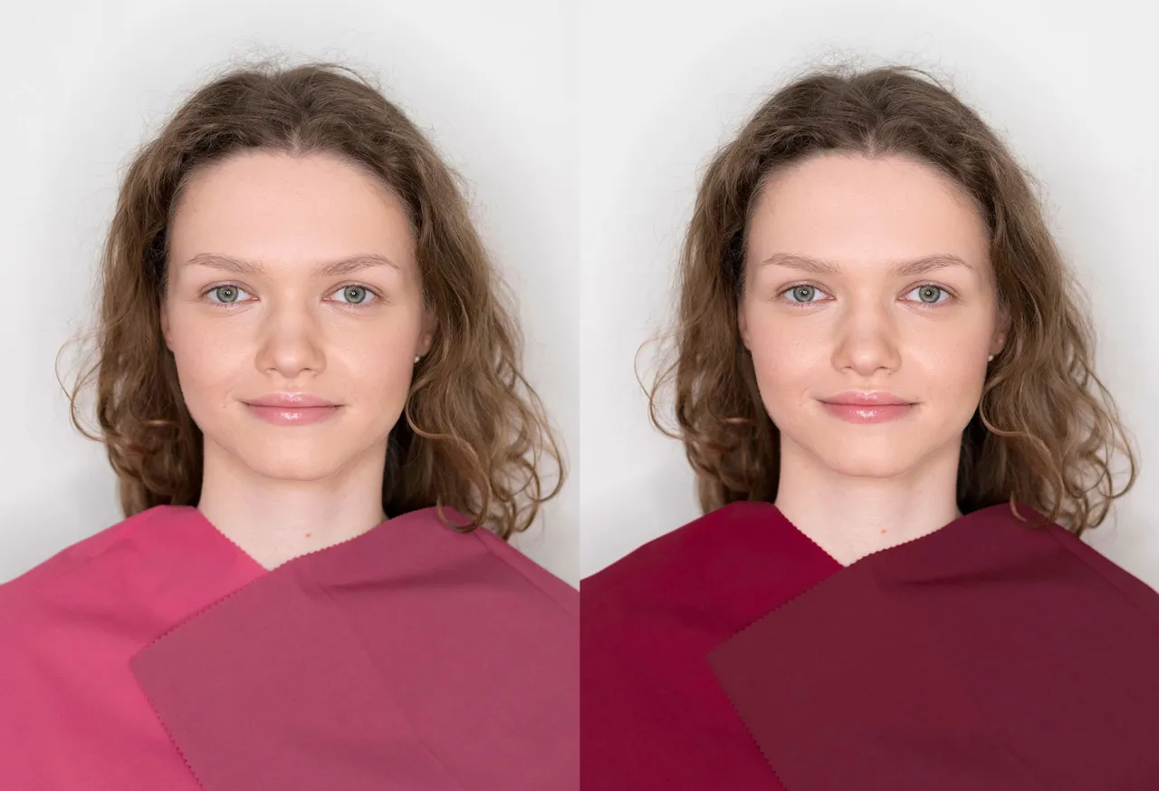 Zgaszone lato włosy modelki kontrastują z różowymi i bordowymi tkaninami, podkreślając jej urodę.