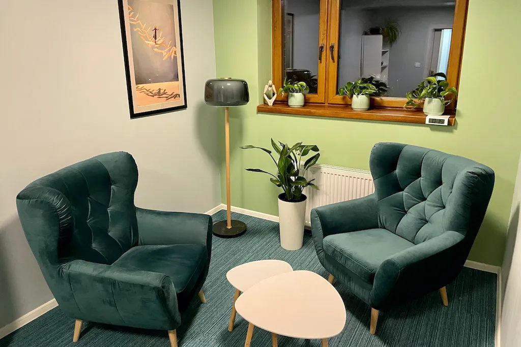 spokojny gabinet terapeutyczny z dwoma fotelami