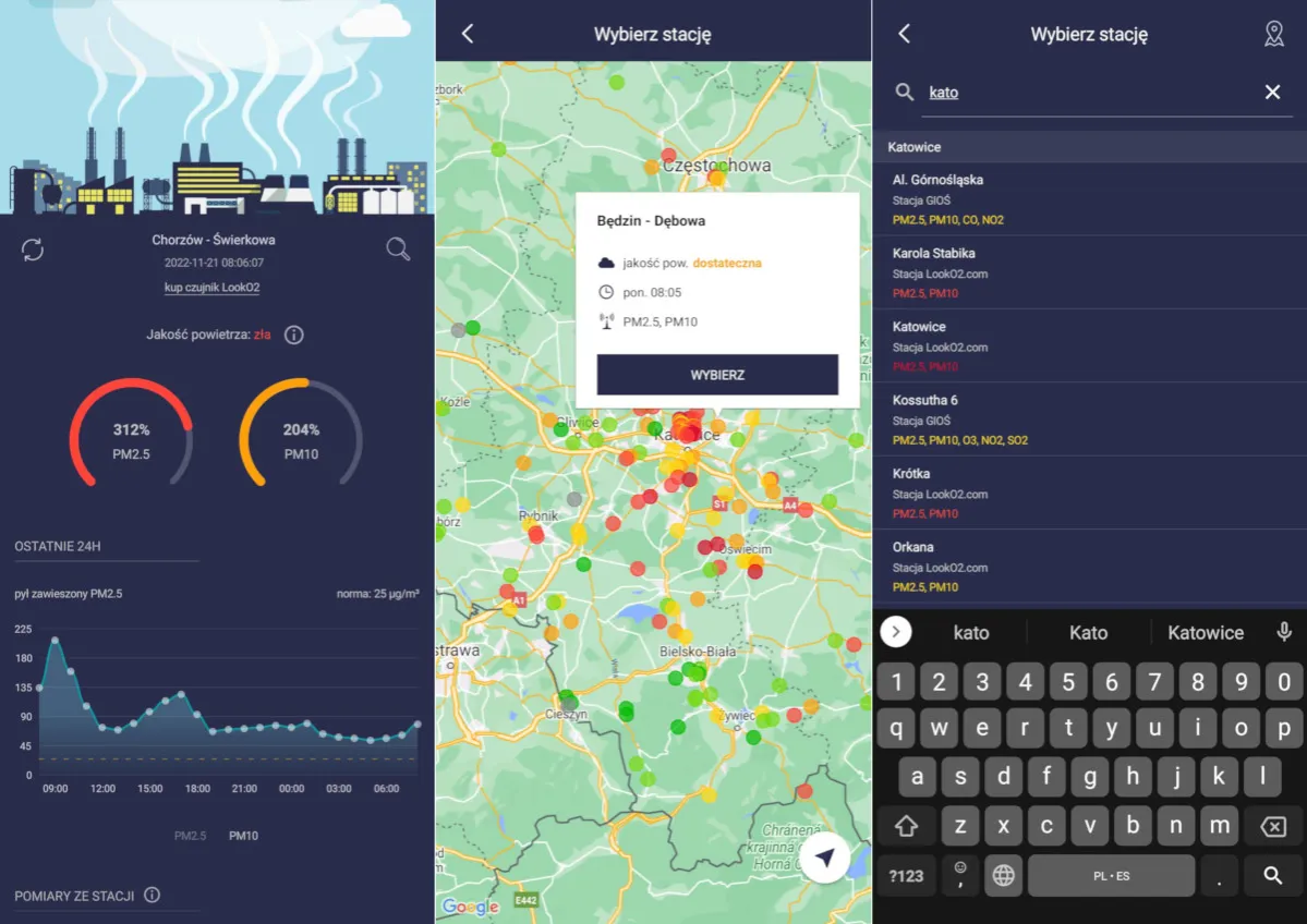 Aplikacja pokazuje, że w Chorzowie jakość powietrza jest zła, a w Będzinie wystarczająca. Czy dzisiaj jest smog? Sprawdź na mapie zanieczyszczeń.