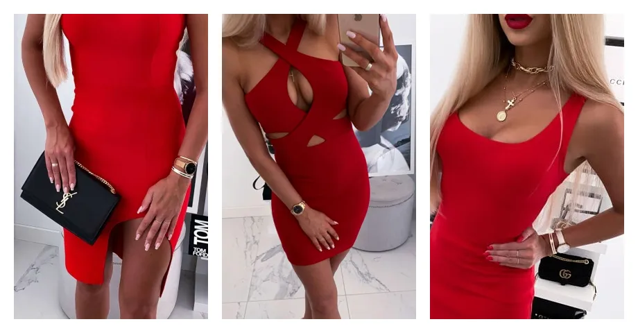 czerwona sukienka z czarnymi dodatkami