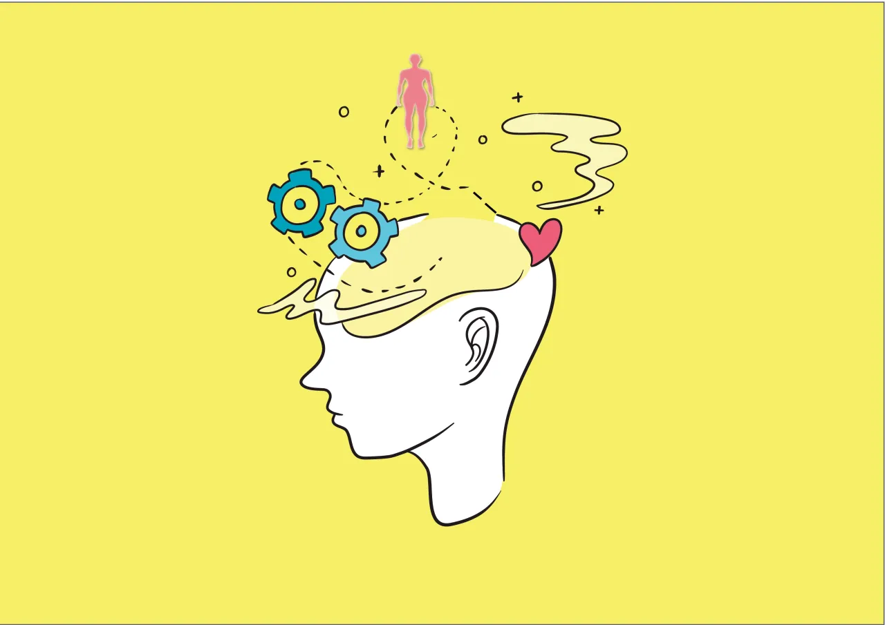 Ilustracja przedstawiająca trzy sfery: emocje, zachowanie, myślenie, z chaotycznymi elementami