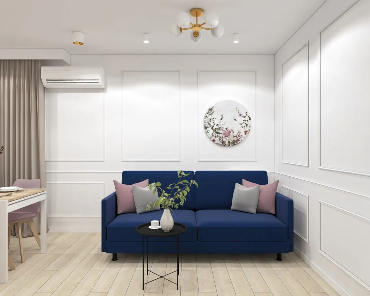 granatowa kanapa białe ściany inspiracje