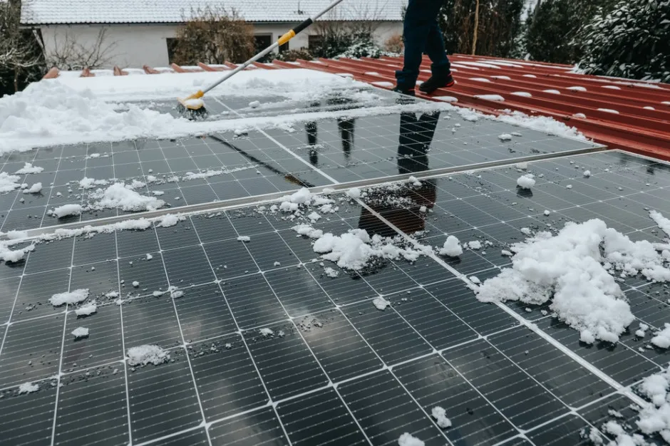 Panele fotowoltaiczne pokryte śniegiem i częściowo roztopione