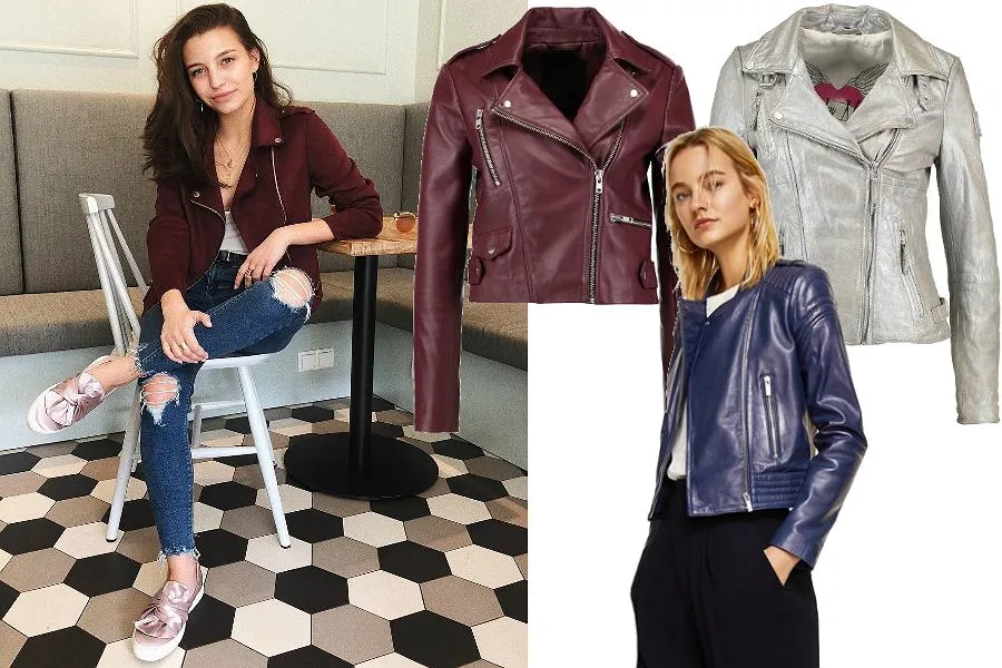 bordowa ramoneska stylizacje z różnymi kolorami