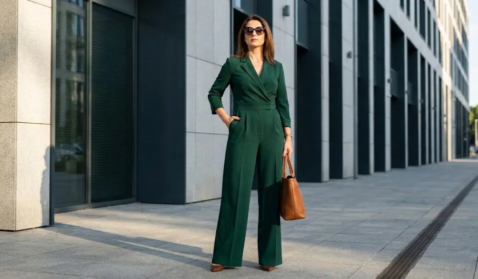 kobieta w eleganckim kombinezonie z szerokimi nogawkami i szpilkach