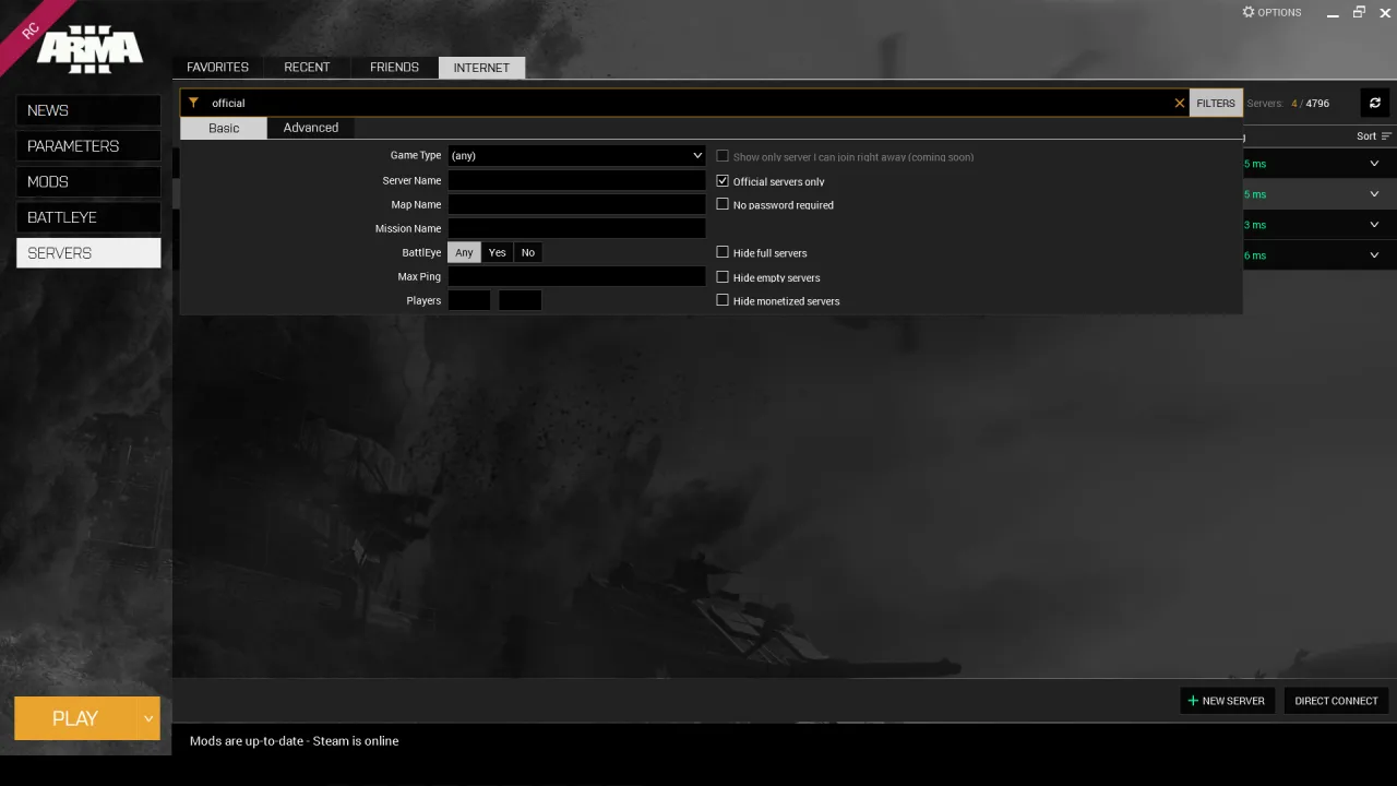 Arma 3 serwer browser filters