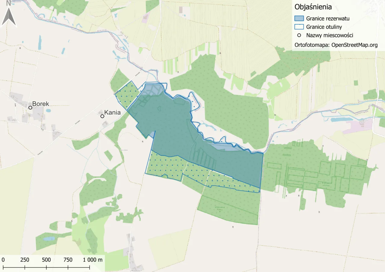 Mapa przedstawia rezerwaty przyrody opolskie, z zaznaczonymi granicami rezerwatu i otuliny, nazwami miejscowości Borek i Kania.