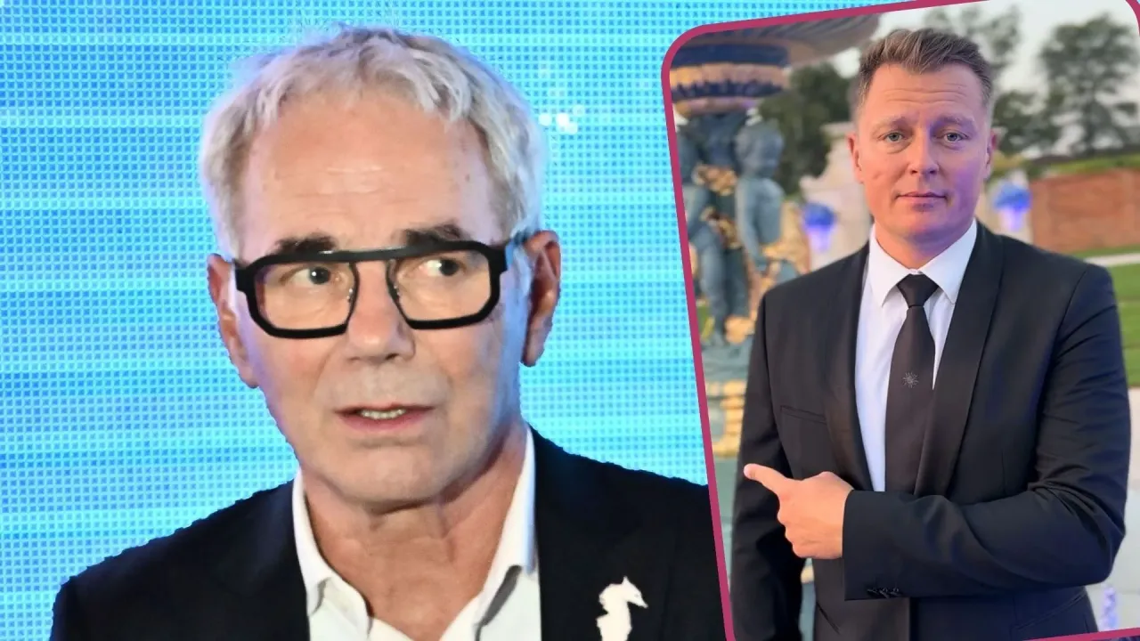 Dw&oacute;ch mężczyzn w garniturach, jeden w okularach, drugi wskazuje palcem. Czy to melodia komentarze?