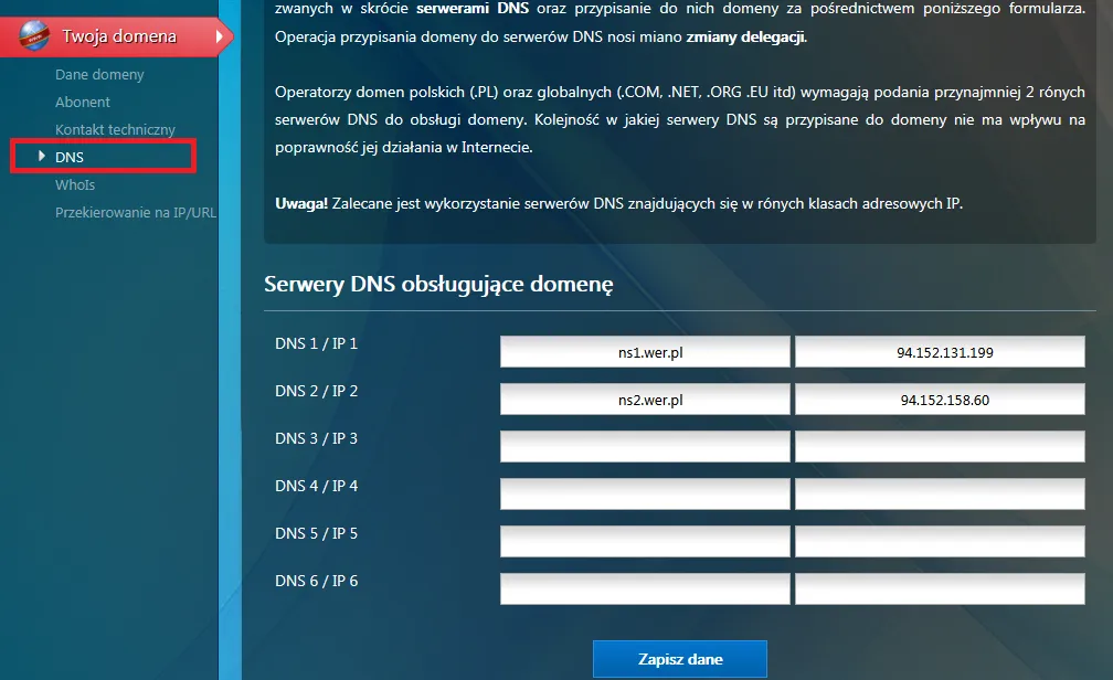 Panel administracyjny rejestratora domeny i panel hostingu