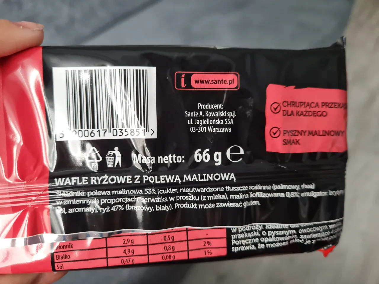 wafle ryżowe sante malinowe opakowanie