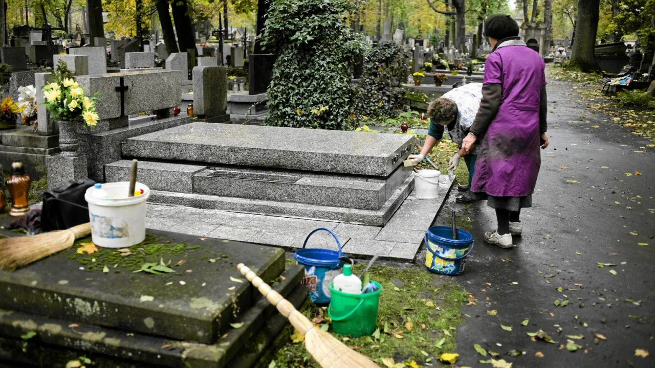 plama z wosku na pomniku granitowym