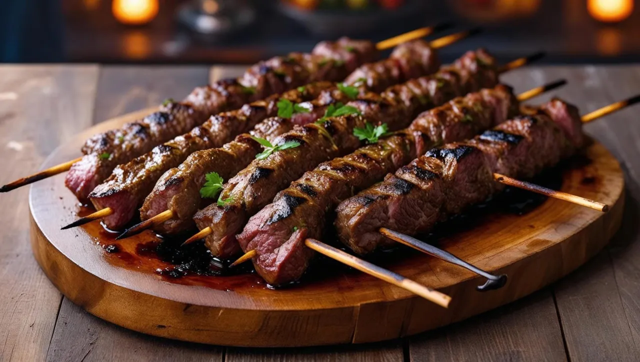 Prawdziwy kebab turecki na drewnianej desce, soczyste mięso grillowane na patykach, ozdobione natką pietruszki.