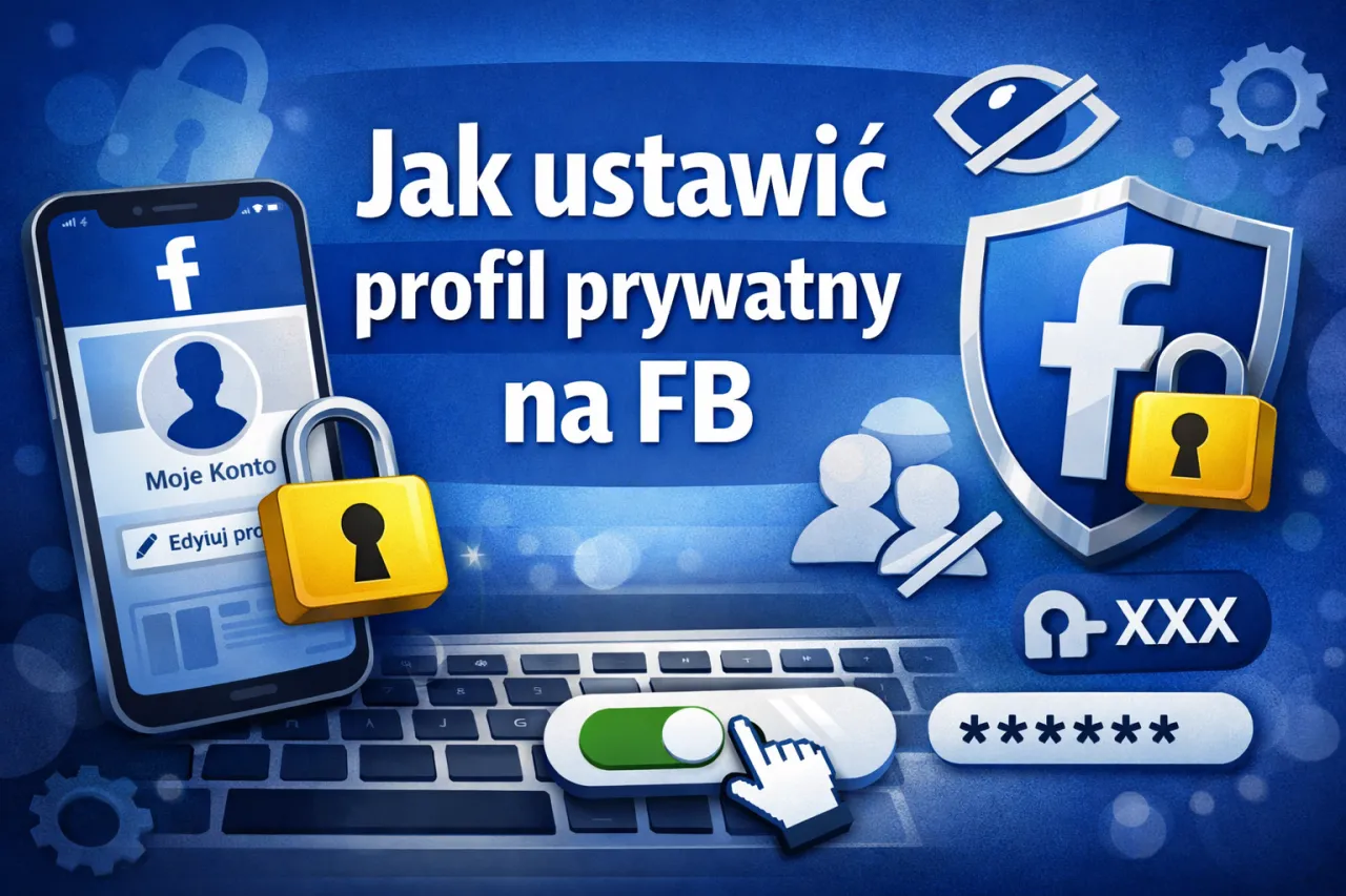 Ilustracja pokazuje, jak ustawić profil prywatny na Facebooku. Widoczny jest telefon z ikoną Facebooka, kł&oacute;dka, klawiatura i symbol prywatności.