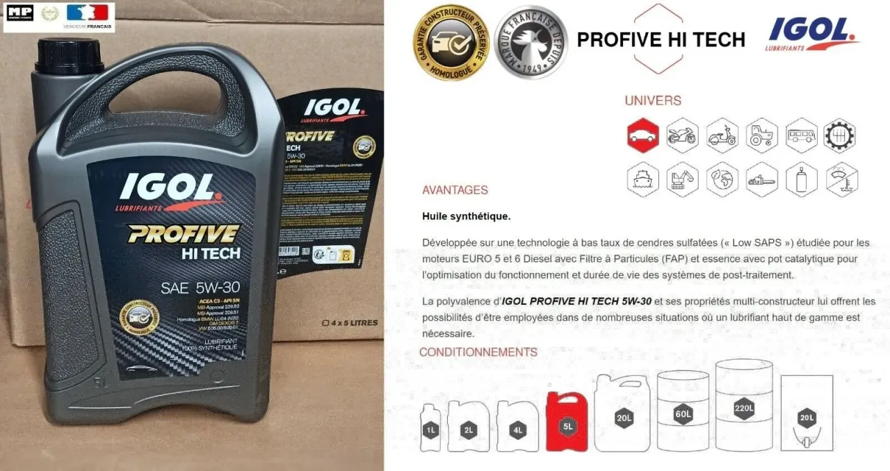 étiquette bidon huile moteur 5W-30 avec normes ACEA API