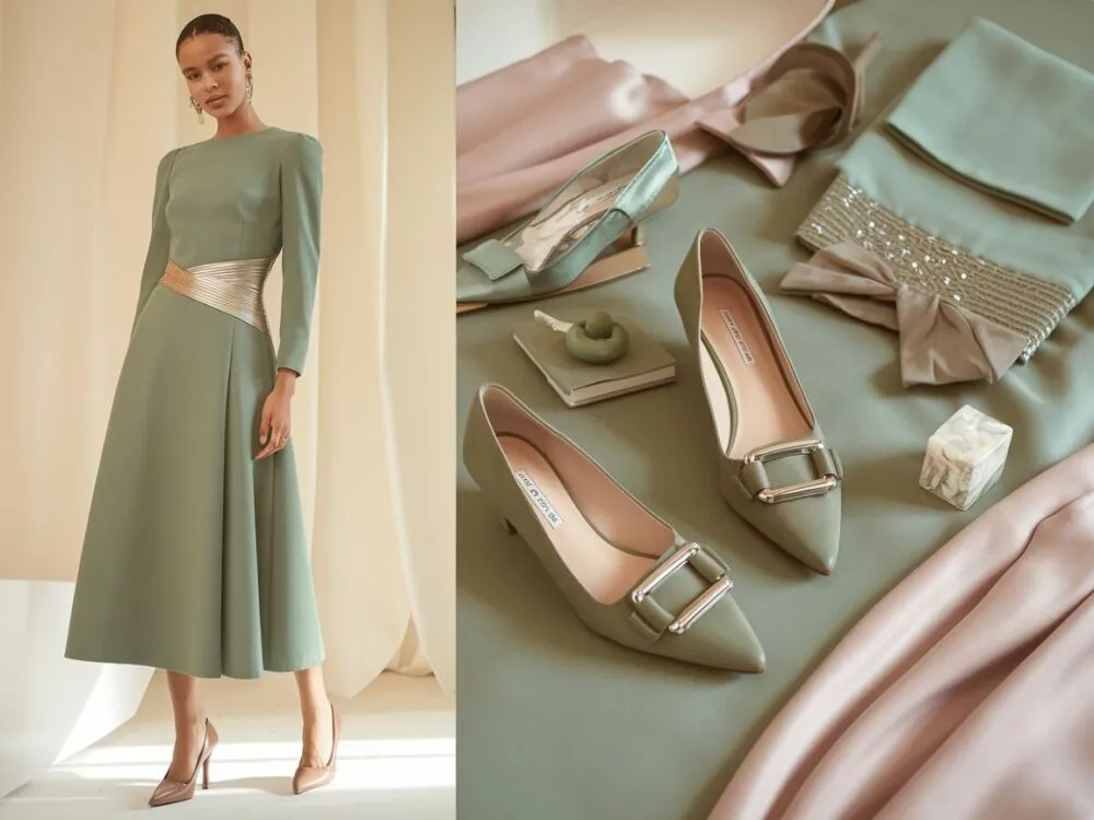 stylizacja zielona sukienka i buty na wesele nude szpilki złote sandałki
