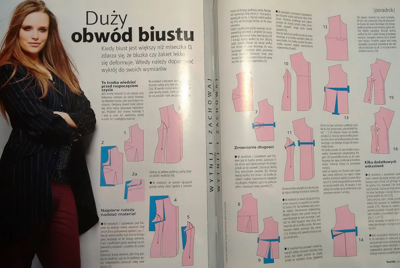 Instrukcja, jak poszerzyć bluzkę w biuście. Schematy krawieckie pokazują, jak dopasować wykrój do większego biustu, by uniknąć deformacji.