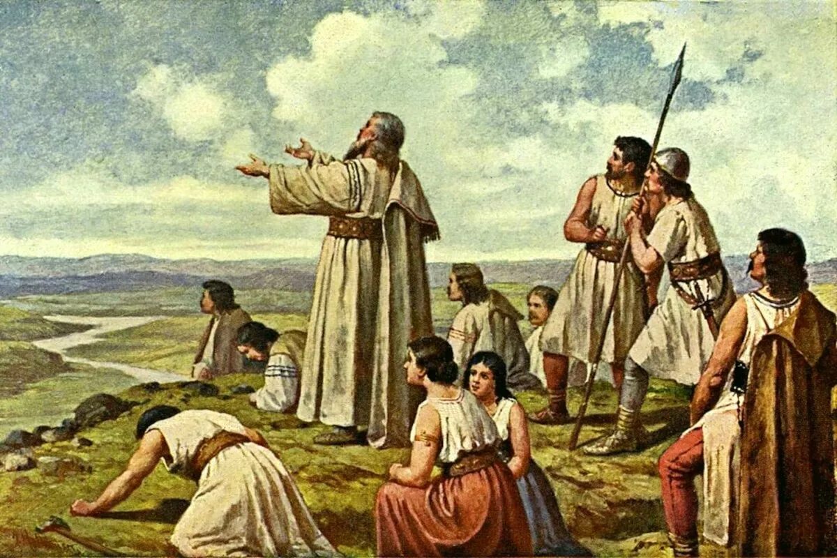 Legenda o Lechu, Czechu i Rusie: starożytni wodzowie wskazują drogę ludowi, kt&oacute;ry wyrusza na nowe ziemie.