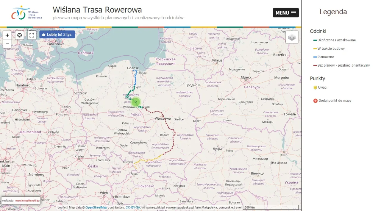 Mapa Wiślanej Trasy Rowerowej z zaznaczonymi odcinkami
