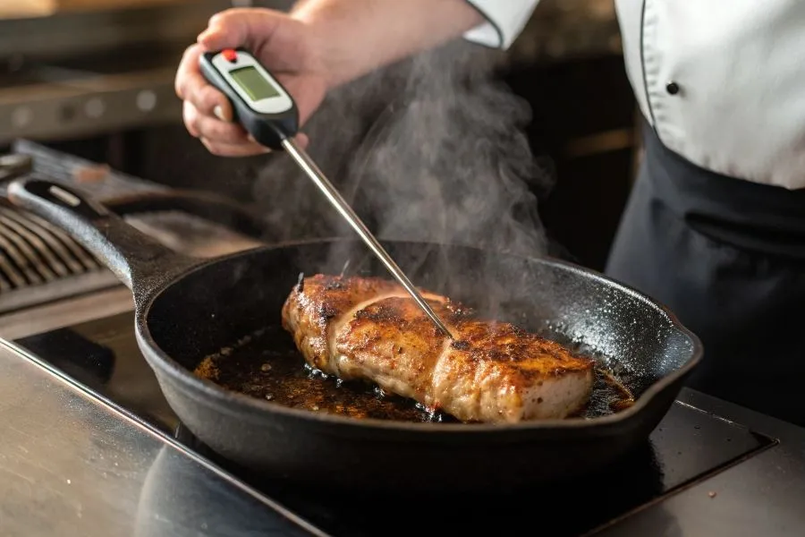 kucharz kroi polędwiczki wieprzowe, termometr do mięsa
