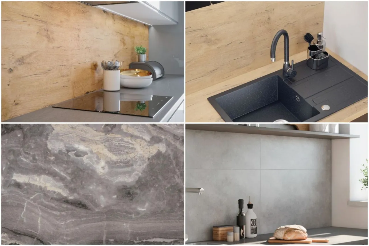 Drewnopodobne panele i kamień to świetne pomysły co na ścianę w kuchni zamiast płytek. Nowoczesne i eleganckie rozwiązania.