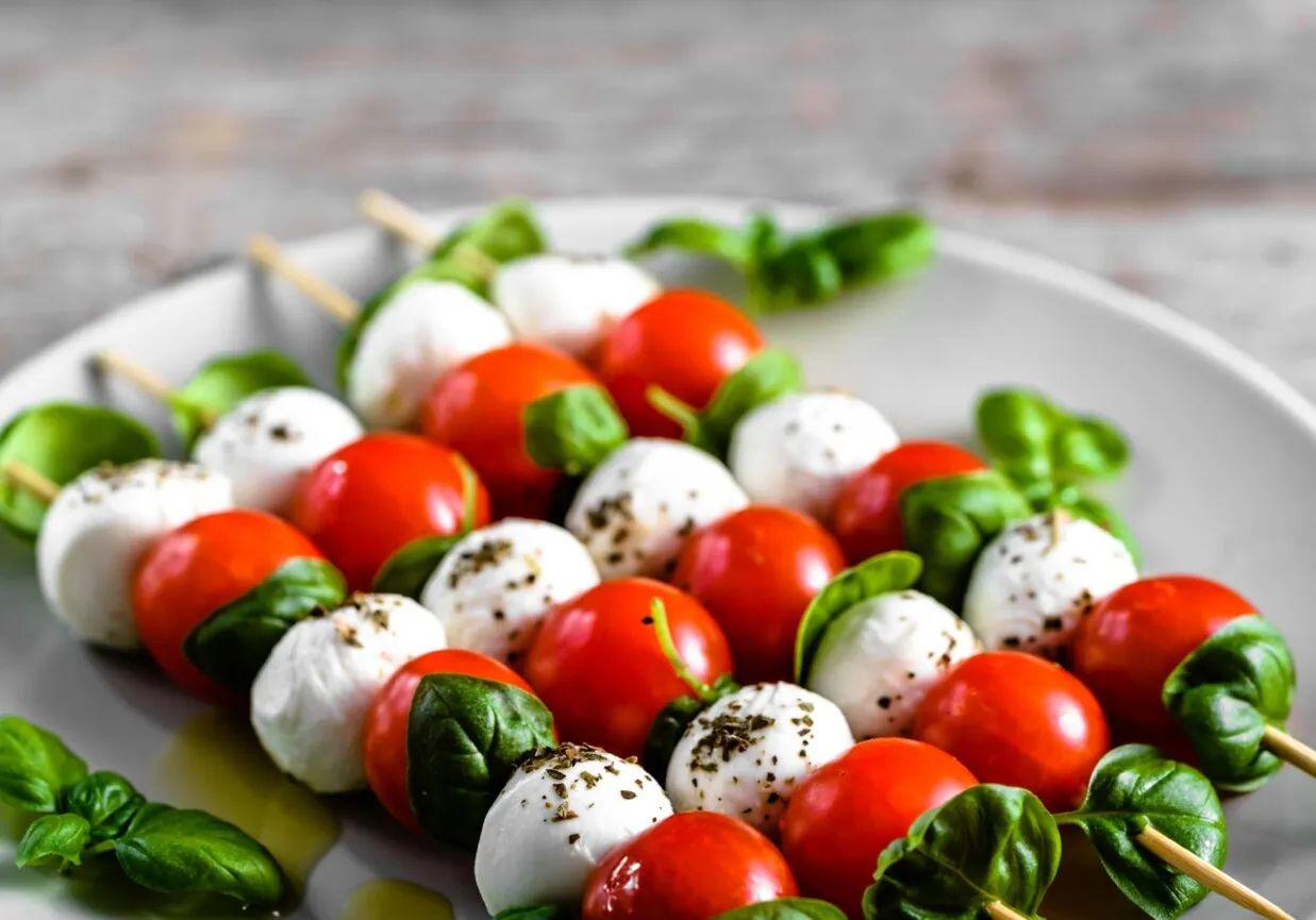 Szukasz pomysłów, co można zrobić z pomidorów koktajlowych? Te szaszłyki caprese z mozzarellą i bazylią to idealna przekąska!