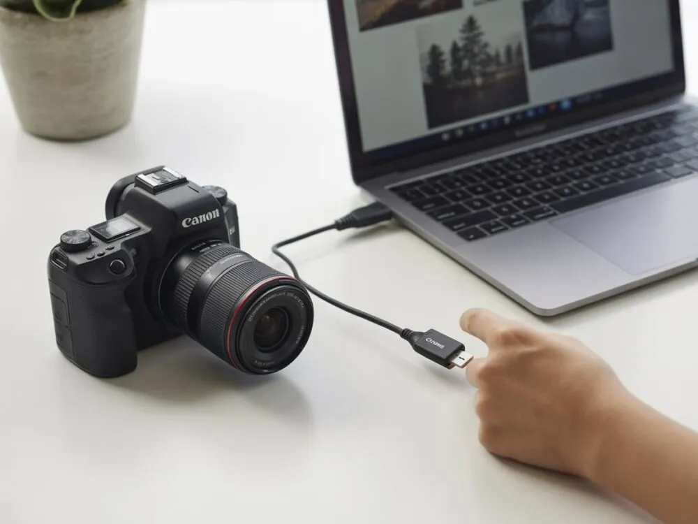 aparat canon podłączony do komputera kablem usb