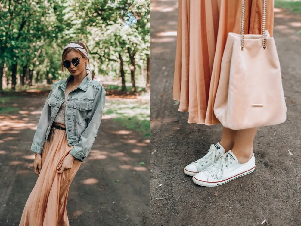 długa spódnica sneakersy trampki stylizacje
