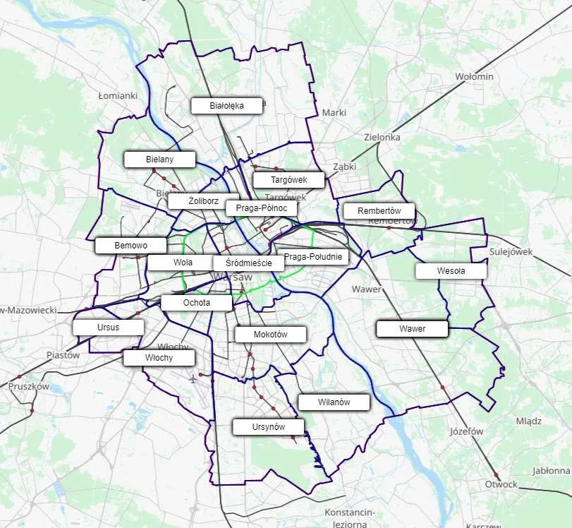 Mapa dzielnic Warszawy z wyr&oacute;żnionymi osiedlami