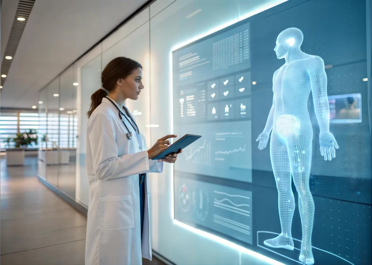 Lekarka analizuje dane na ekranie z hologramem ludzkiego ciała, zastanawiając się, czy sztuczna inteligencja zastąpi lekarzy w przyszłości.
