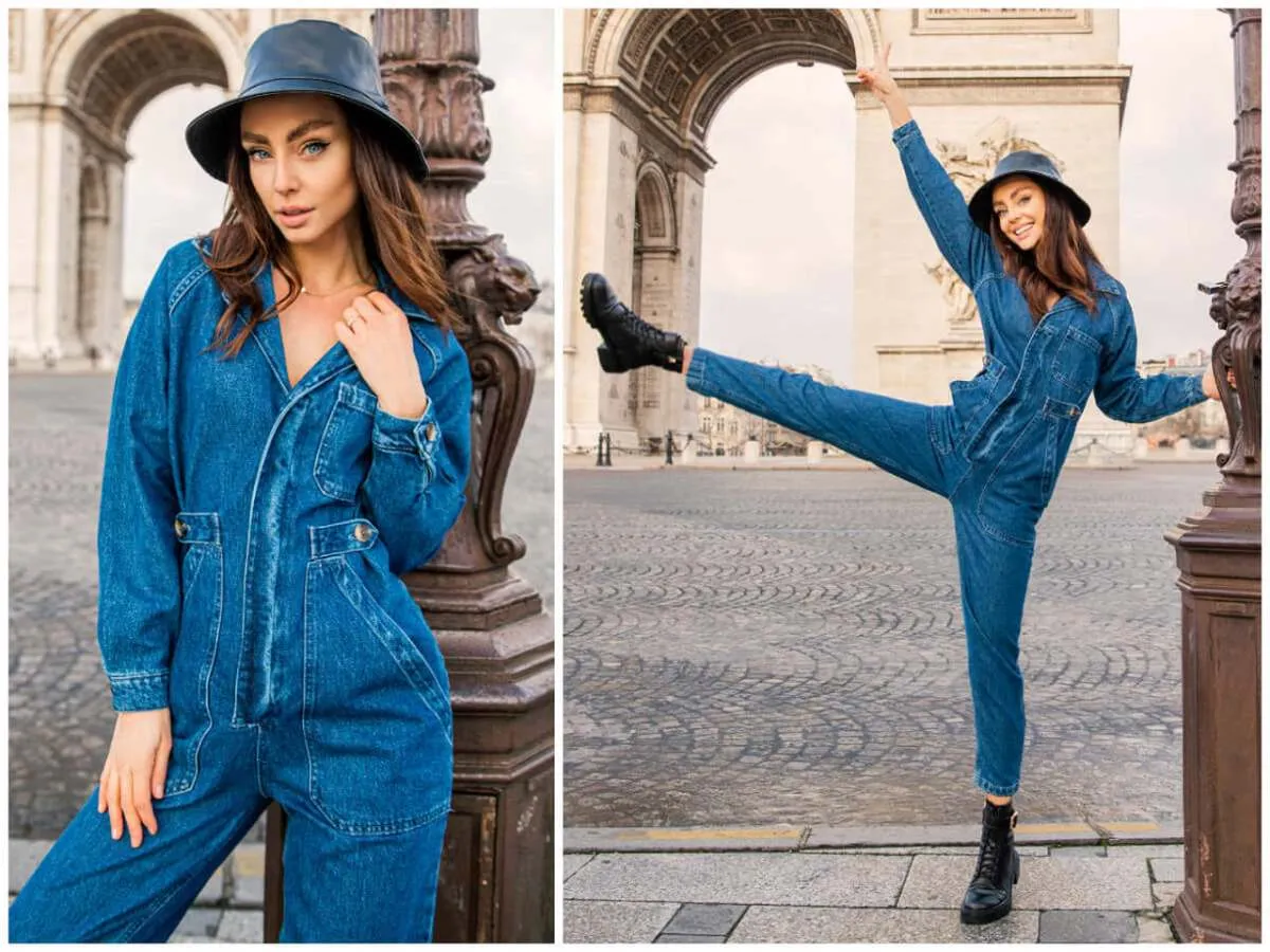 Stylizacje niebieski kombinezon i buty w różnych kolorach