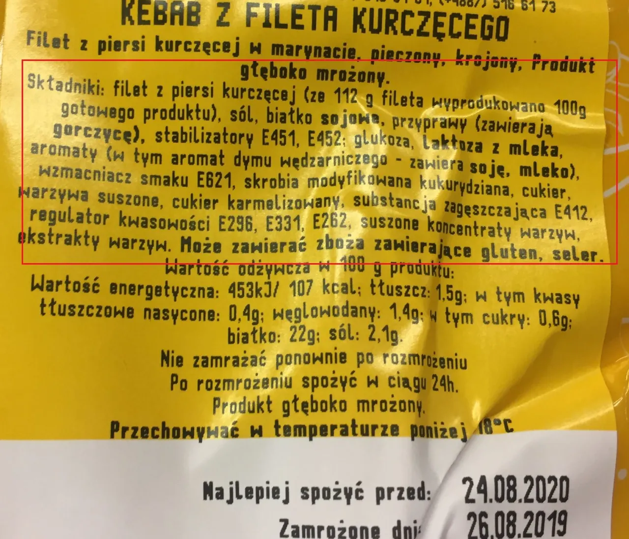 etykieta składu mięsa kebab