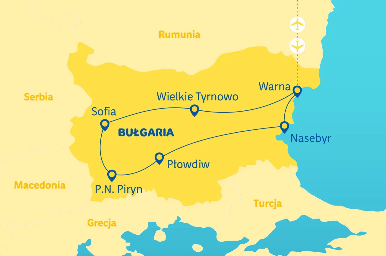 Mapa Bułgarii z zaznaczonymi miastami: Sofia, Płowdiw, Wielkie Tyrnowo, Warna, Neseber. Dwa samoloty symbolizują lot z Polski.