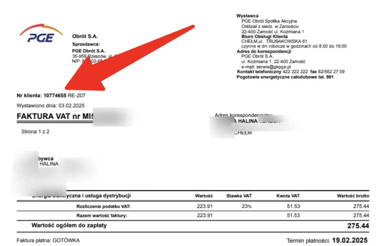Przykładowa faktura PGE z zaznaczonym numerem klienta