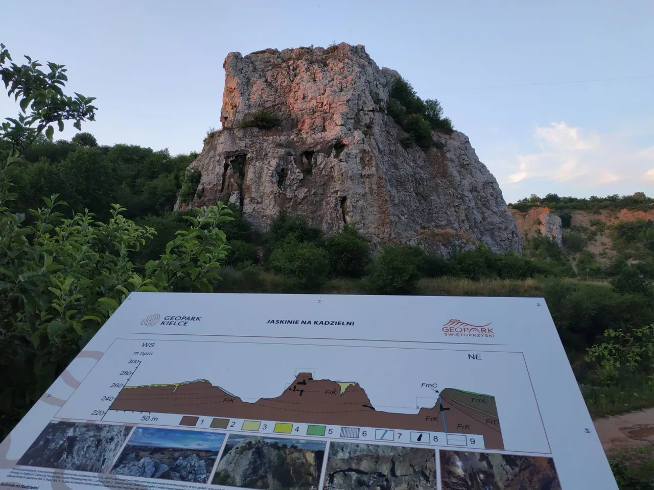 Skały i zieleń w rezerwacie przyrody Kadzielnia. Tablica informacyjna przedstawia profil geologiczny jaskiń.