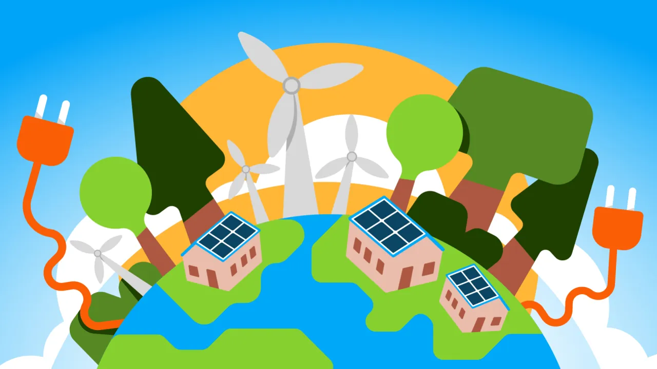 Ilustracja przedstawia Ziemię z domkami na dachu, panelami słonecznymi, wiatrakami i wtyczkami. To wizualizacja tego, kto głosował za zielonym ładem.